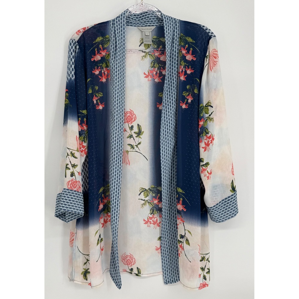 Multiples Womens Floral Geometric Open Front Kimono Cardigan Navy Cream‎ Sz L
